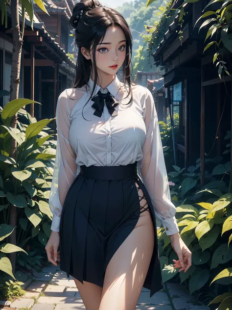 1female，45 yers old，Married woman，Long legs, slim waist， photo exposure， 独奏，（Background with：at a forest，the rainforest，in summer） She has long black hair，Redlip，Stood up，seen from the front， hair-bun， The sky is mostly cloudy，（（（tmasterpiece），（Very detail...