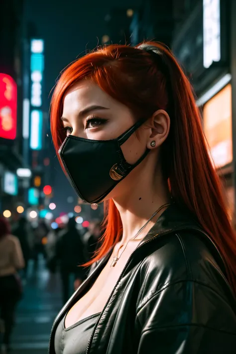 woman with red hair and mask, redhead female cyberpunk, very beautiful cyberpunk samurai,