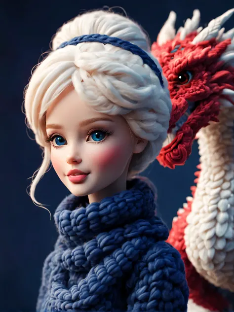 （Plush toy design），Happy cute barbie doll and dragon，（wool craft），（Fluffy：0.68） ，Winter high fashion chinoiserie sweaters and scarves， Cute 3d rendering，Background with：dark navy blue+fiery red，，Cute and detailed digital art，Miniature feeling，stylized 3d r...