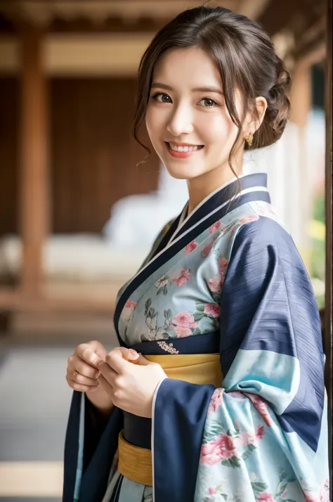 ulzzang -6500-v1.1, (Raw photo:1.2), (Photorealsitic), Beautiful mature woman VN01, Beautiful detailed, (Real: 1.4), ighly detailedな目と顔, beatiful detailed eyes,  (Japan kimono、Elegant Japanese pattern kimono、komono)、full body Esbian、 (Very affectionate smi...