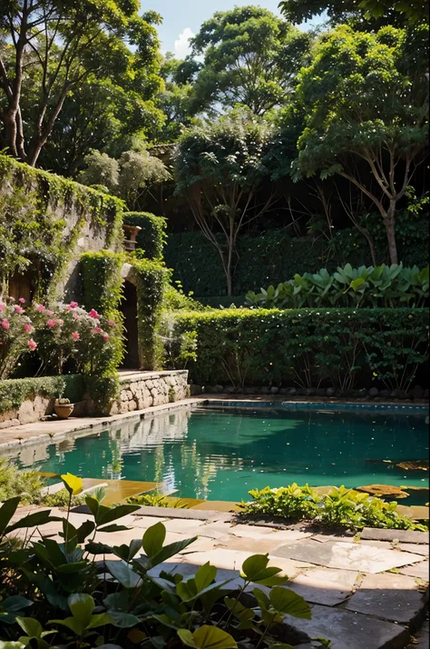 Borboletas em um jardim com flores e um lindo lago