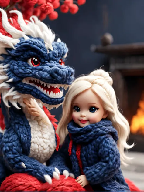 （Plush toy design），Smiling cute Chinese dragon baby and barbie doll，（wool craft），（Fluffy：0.68） ，Chinese winter high fashion sweaters and scarves， Cute 3d rendering，Background with：dark navy blue+fiery red，，Cute and detailed digital art，Miniature feeling，st...