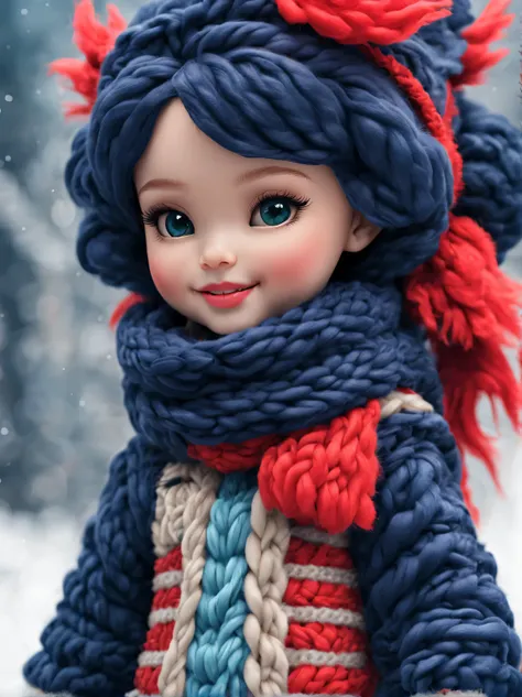 （Plush toy design），Smiling cute Chinese dragon baby and barbie doll，（wool craft），（Fluffy：0.68） ，Winter high-end gorgeous fashion Chinese style sweater scarf， Cute 3d rendering，Background with：Dark navy and fiery red，，Cute and detailed digital art，Miniature...