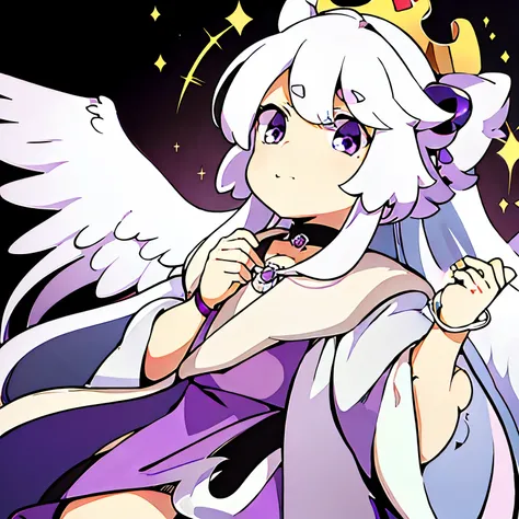 White-colored skin，long  white hair，white star hairpin，purple monocle。Purple clothes，cross necklace around neck，There is a bracelet on the hand，White and purple long skirt。Purple white wings，There is a white crown on the head with a black gem on it