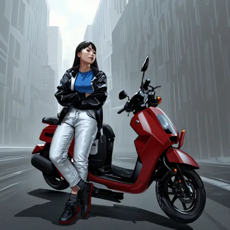 asian woman sitting on a scooter with arms crossed, with a blue background, riding on the moped scooter, sitting on a motorcycle, moped, sitting on cyberpunk motorbike, product introduction photo, picture of a female biker wear jacket & tshirt, long hair, ...