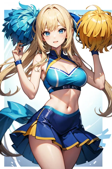 anime girl with blue dress and cheerleader holding up a pom pomrl, beautiful anime high school girl, pretty anime girl, cute anime girl, anime girl blonde busty