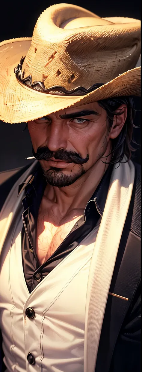 (best quality:1.2, highres, ultra-detailed, realistic:1.37), handsome man, upper body portrait, smoking, with a small mustache and wearing a cowboy hat, mature young man, thriller style, one eye covered by the cowboy hat