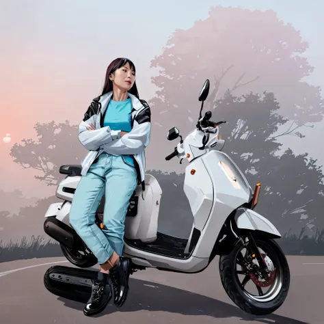 asian woman sitting on a scooter with arms crossed, with a blue background, riding on the moped scooter, sitting on a motorcycle, moped, sitting on cyberpunk motorbike, product introduction photo, picture of a female biker wear jacket & tshirt, long hair, ...