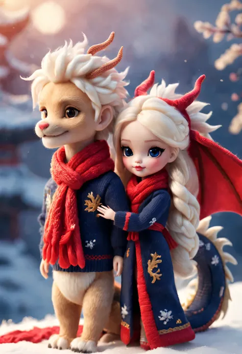 （Plush toy design），Smiling cute Chinese dragon baby and Barbie doll couple，（wool craft），（Fluffy：0.68） ，Winter high-end gorgeous fashion Chinese style sweater scarf， Cute 3d rendering，Background with：Dark navy and fiery red，heavy snow ground，golden colored，...