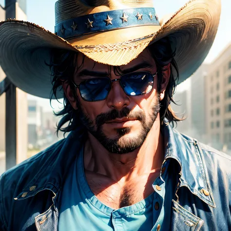 (a handsome, rugged American hero, wearing a cowboy hat and sunglasses, close-up, best quality, ultra-detailed, photorealistic), portrait, intense blue tones, dramatic lighting