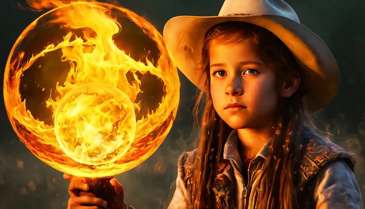 10 year old girl russian child, fechar para cima, retrato, com longos cabelos loiros, in a cowboy hat, The flames are burning in a circle shape, fogoso, icon with a halo of fire, Anel de fogo, bola de fogo, chama, um fogo laranja no fundo, homem, fire type...