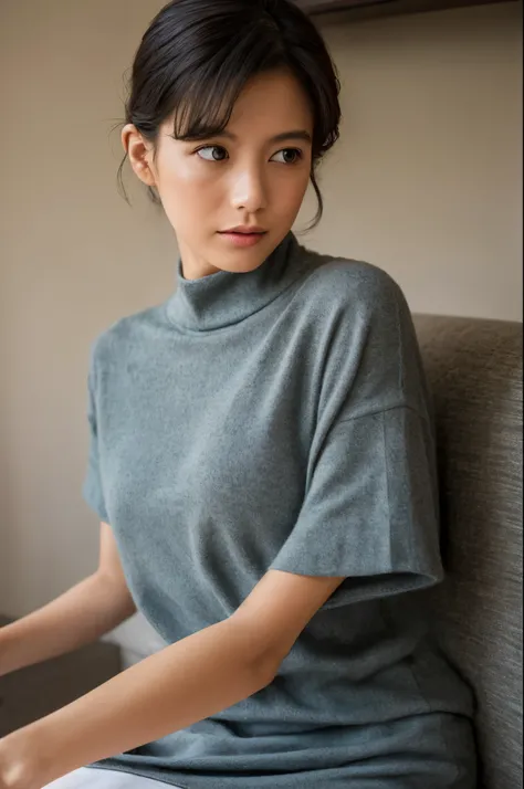 (1girl:1.2),(upper body close-up:1.2), clean background, dark cashmere tight short-sleeved t-shirt, pleated short skirt, wearing...