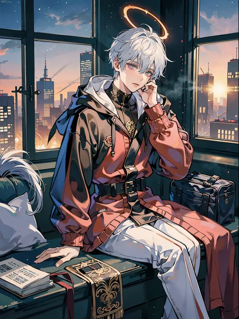 masterpiece,best quality,1boy,male focus,solo,upper body,white hair,having a red halo over his head(hooded_cloak:1.1), inside a messy room, sitting in an open window, looking outside, long shot, far away， digital cyberpunk anime art， badass anime 8 k， Anim...