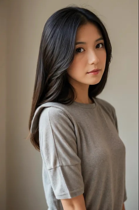 (1girl:1.2),(upper body close-up:1.2), clean background, dark cashmere tight short-sleeved T-shirt, pleated short skirt, wearing medium gray color, posing for photos, adjacent color matching, elegant temperament, elegant intellectual feeling, high image qu...