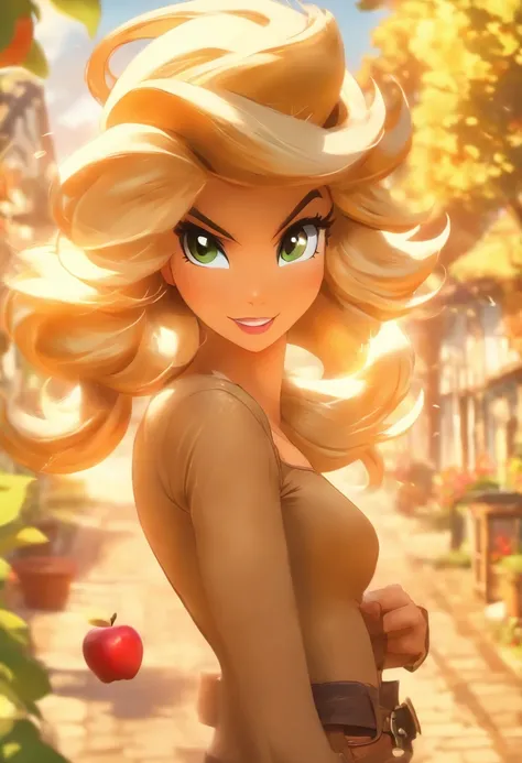 AppleJack, AppleJack from my little pony, AppleJack in the form of a girl, long hair, Wild hair, cowboy hat, apple earrings, on a farm with apple trees, steampunk style, a lot of magic, lightning nets, best quality, very detailed, ultra 8k resolution, (cum...