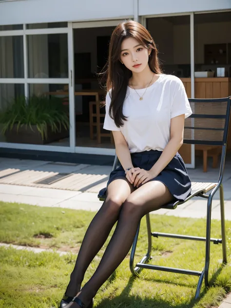 ulzzang -6500-v1.1, (Raw photo:1.2), (Photorealsitic), light natural pantyhose:1.3、woman Sitting on a chair, Sitting on a table, , sitting pose, sakimichan hdri, sit a chair, Sitting on a chair, Sitting on the ground, Sitting on a desk,