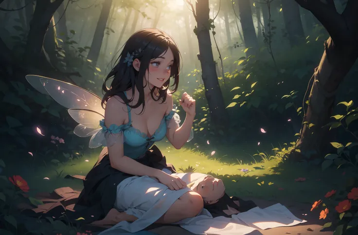 Depict a scene of A fairy girl and her girlfriend cuddling together in the woods under a starry night. The girls gloss added a touch of sensuality to the moment, her lips all the more inviting. They were lost in the moment of the scene, lost in the joy of ...