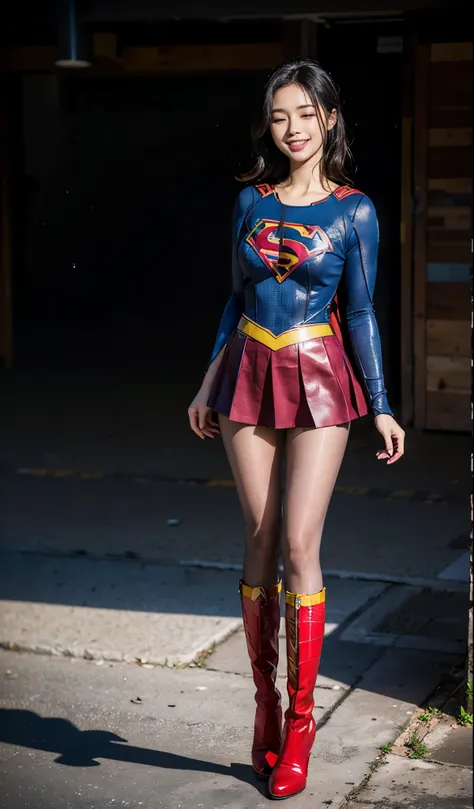 No background、Eyes closed、die、yawning being、is crying、Suffering、Eyes closed、Fitted Supergirl costume、Body Fit Costumes、and draw the full body、(((Wear black tights on your beautiful legs.)))、(((Grow legs、tall、Legally express the beauty of your smile)))、((((...
