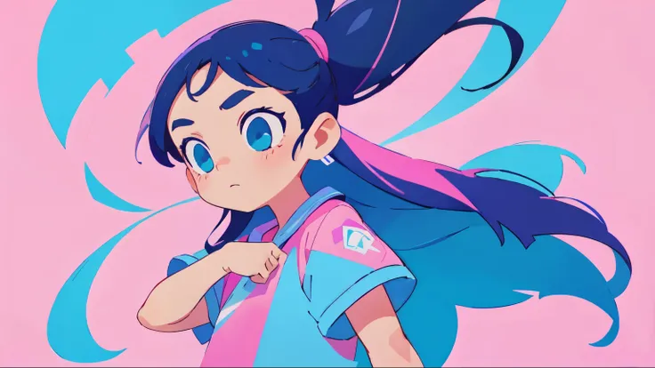 a girl with long hair and a watch on her wrist looks at the camera on a pink background and blue sky, permanent, Vaporwave Colors, Character portrait, Synchromism