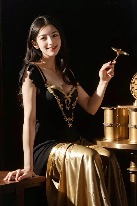 female mathematician,Ancient Greek costumes,Astronomical machinery,antique,A smile,,Sweet and seductive appearance.、Caravaggios paintings、Chiaroscuro of Caravaggio,,Cute smile, Expression of ecstasy,erotick,A sexy