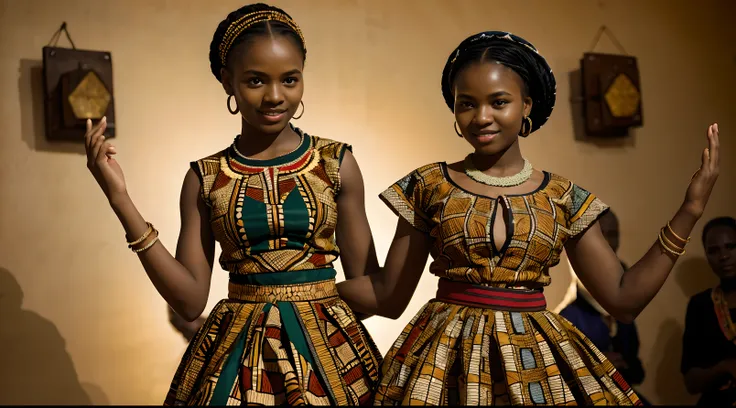 ultra-realistic photograph of african villagers dancing in communion, they are wearing traditional attire with beautiful pattern...