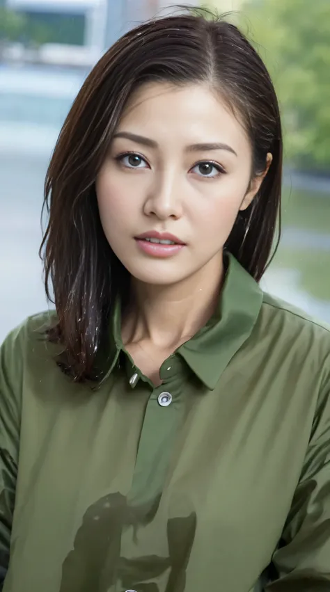 (Best quality, 4K, tmasterpiece :1.Beautiful woman, 1 girl, (, attractive body :1.2), Abs :1.1, dark brown  hair: 1.1, (rainy wet, 被雨Drenched, Drenched :1.2), Very rich facial details, detailed lips, 詳細な目, 二重まぶた