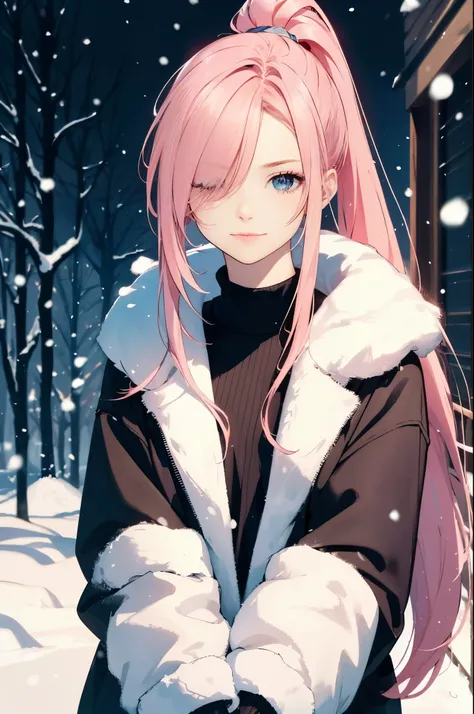 (tmasterpiece), (Best quality at best), 1female, (long_Ponytail pink hair), (hair covering one eye:1.21), Wear winter clothes, snow landscape, Snowflakes visible in the air, Delicate and beautiful eyes, Delicate and gorgeous face, perfect anatomia, Perfect...