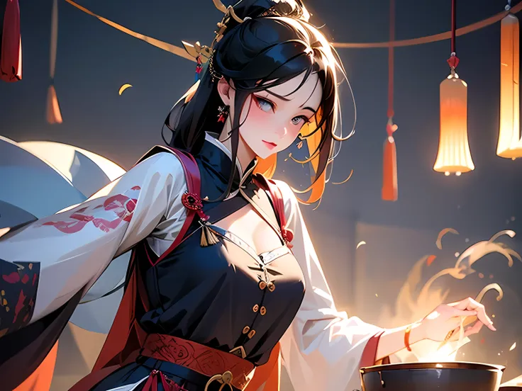 Beautiful Chinese girl cooking during the Song Dynasty,illustration,[traditional,silk clothes:silk, vibrant colorquisite porcelain tableware:porcelain, intricate pattern],Realistic lighting,Tranquil garden atmosphere,Meticulous brush strokes,beautiful deta...