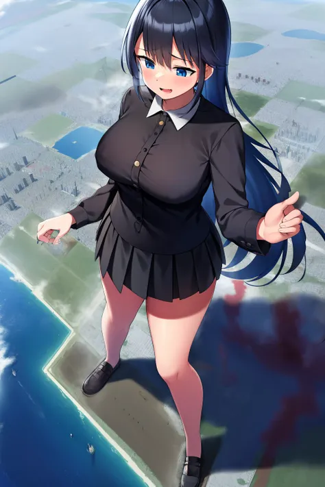 an anime female character standing next to a city, 1girl , solo, skirt, blue eyes, long hair, black hair, giantess, black skirt, open mouth, sky, giant, cloud, long sleeves, day, pleated skirt, full body, blue sky, city, breasts