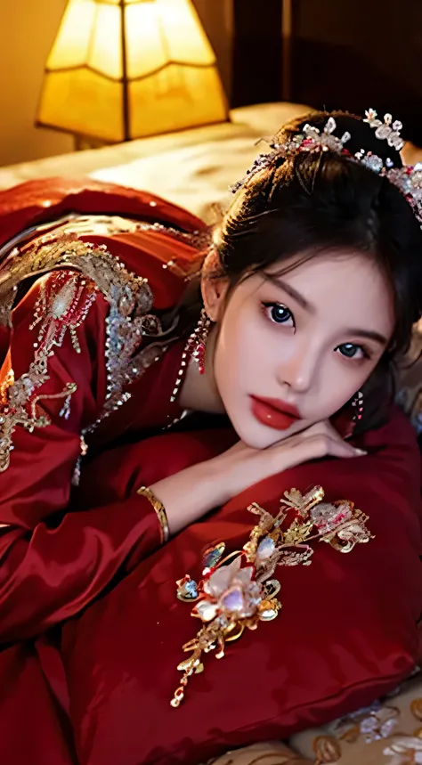 Beautiful Chinese princess, Characteristics of fantasy beauty, Its appearance,, luminous red eyes, wearing jewellery,Glowing red crystal strands cover the flowers, Lie down in bed，covered in jewels and crystals ,,The large, , 穿着The large胆而威严的礼服,the ultra-d...