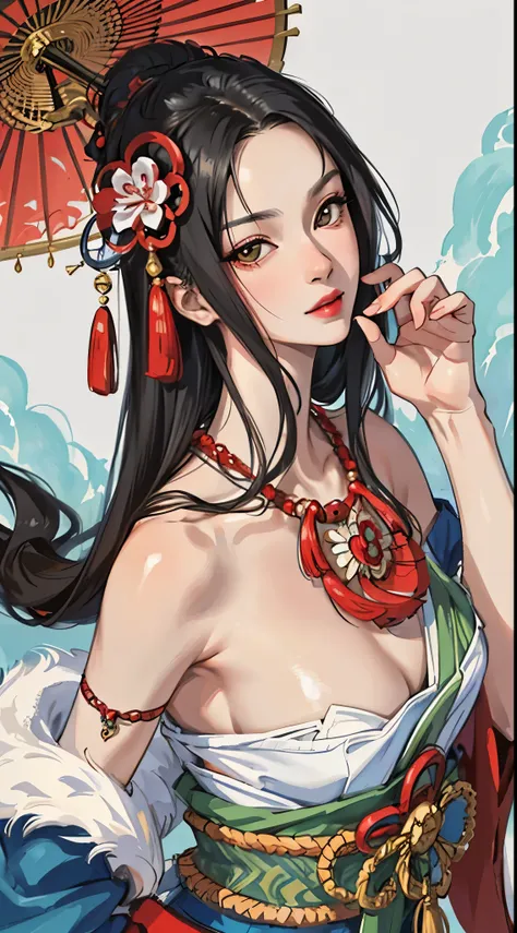 （tmasterpiece：1.2，best qualtiy），（Very detailed face，Real pictures，Realistic skin，photorealistic body，Complicated details），独奏，1 milf，rcasual，ukiyoe painting，cropped shoulders，（aquarelle：1.3），Oiran，