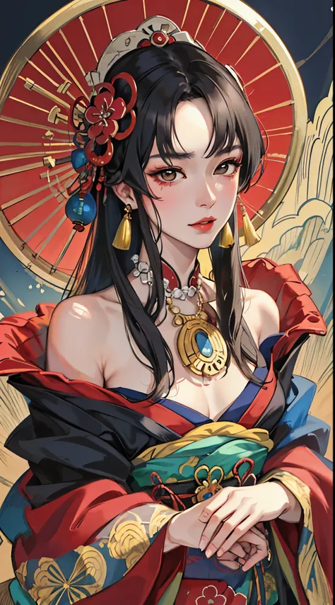 （tmasterpiece：1.2，best qualtiy），（Very detailed face，Real pictures，Realistic skin，photorealistic body，Complicated details），独奏，1 milf，rcasual，ukiyoe painting，cropped shoulders，（aquarelle：1.3），Oiran，