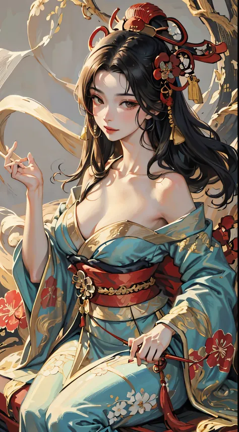 （tmasterpiece：1.2，best qualtiy），（Very detailed face，Real pictures，Realistic skin，photorealistic body，Complicated details），独奏，1 milf，rcasual，ukiyoe painting，cropped shoulders，（aquarelle：1.3），Oiran，