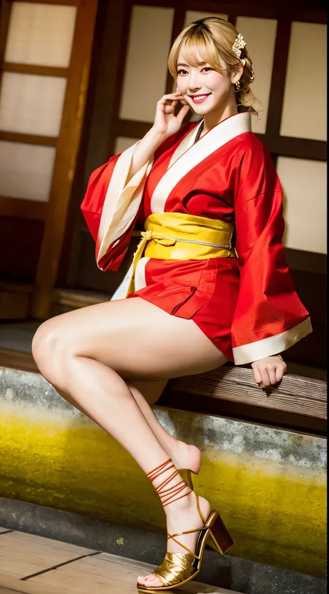 hightquality,8K,high-level image quality,A Japanese Lady,1 personality,A smile,tall,thick plump thighs,Realistic texture,Face in Focus,Muchimuchi,a blond,(red kimono1.8,GOLD line),valley