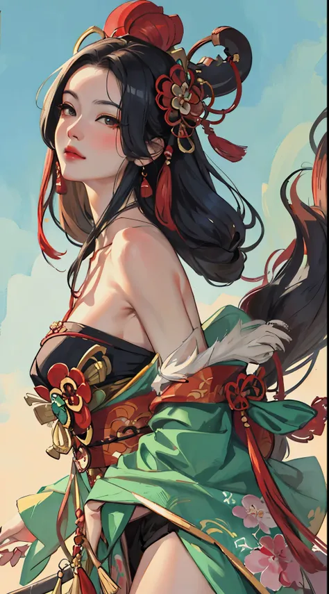 （tmasterpiece：1.2，best qualtiy），（Very detailed face，Real pictures，Realistic skin，photorealistic body，Complicated details），独奏，1 milf，rcasual，ukiyoe painting，cropped shoulders，（aquarelle：1.3），Oiran，