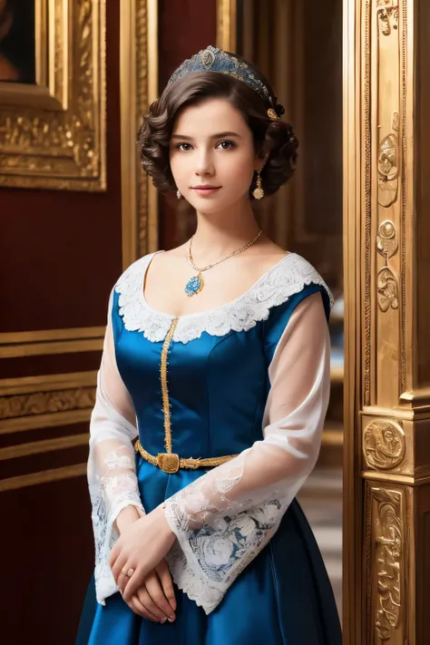 142
(a 20 yo woman,in the palace), (A hyper-realistic), (high-level image quality), ((beautiful hairstyle 46)), ((short-hair:1.46)), (kindly smile), (breasted:1.1), (lipsticks), (wearing a blue dress), (murky,wide,Luxurious room), (florals), (an oil painti...