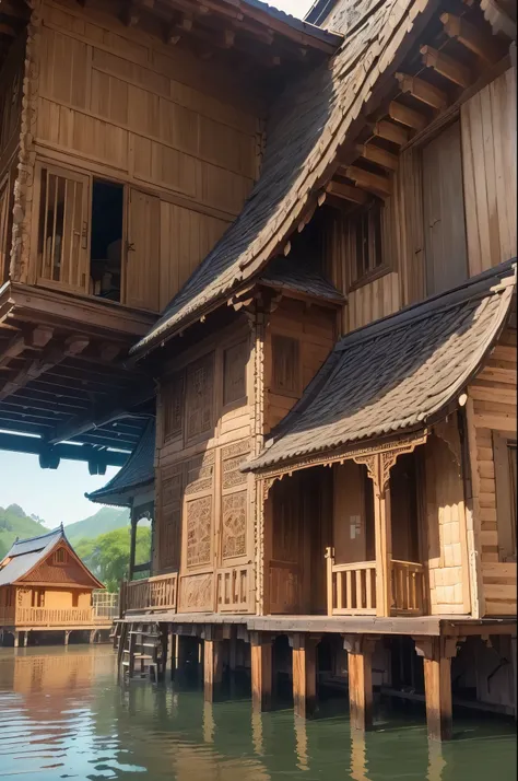 (Best quality at best:1.5), (Intricate wooden house details:1.5), (sharpen details),  (ultra - detailed), (电影灯光),  Peaceful cottage by the river, Empty chairs，There is a fishing rod next to it, style of anime