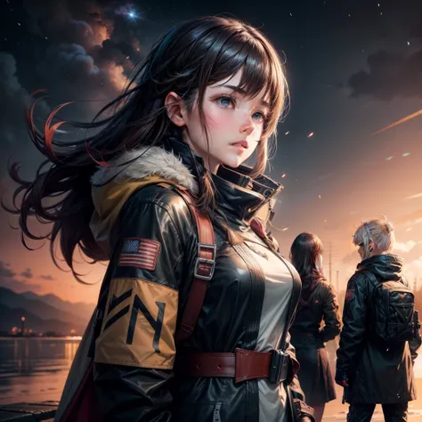 three girls and a boy are standing in front of a night sky, girls frontline universe, guweiz on pixiv artstation, girls frontline cg, 4 k manga wallpaper, artwork in the style of guweiz, best anime 4k konachan wallpaper, kantai collection style, guweiz on ...