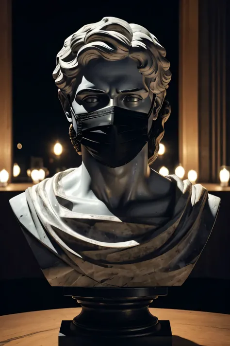 Marble bust of a Greek god with a black mask on his face.. The bust is in the foreground exactly centered and looking into the camera.. Behind him are the lights of the night city