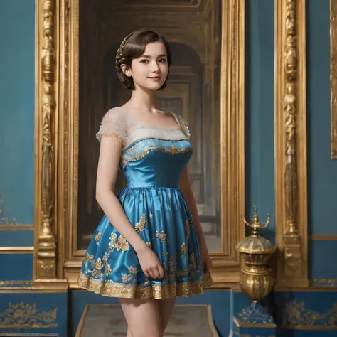 142
(a 20 yo woman,in the palace), (A hyper-realistic), (high-level image quality), ((beautiful hairstyle 46)), ((short-hair:1.46)), (kindly smile), (breasted:1.1), (lipsticks), (wearing a blue dress), (murky,wide,Luxurious room), (florals), (an oil painti...