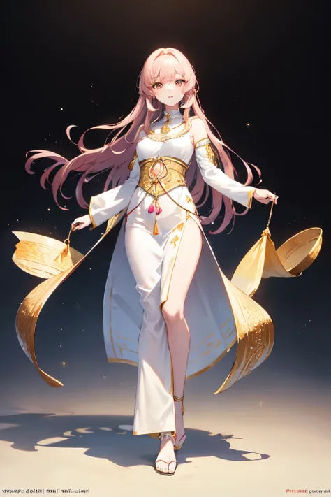 ((best quality)), ((masterpiece)), (detailed), perfect face brownish pale  long pink hair  with and golden brown eyes full body (((Clothes theme Slightly Arabian mix with traditional filipino clothing)))