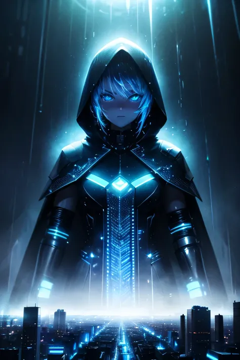 (Ultra detailed:1.3),(grainy:0.8), natural blue lighting, futuristic city, (raining:1.3), (dark:1.3), (fog:1.2), blue lights, neon lights AND girl, cape with hood, light logo, [cyberpunk clothing:torn fabric:0.35], blue lights, neon lights, menacing, sharp...