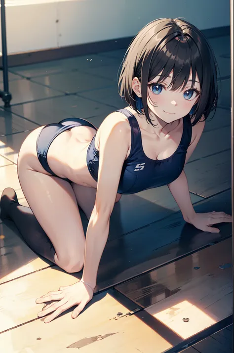 quality、Limbs intact、Complete fingers、Slim and beautiful、ssmile、Bery short hair、bob cuts、Wear a school swimsuit、Wear knee-length socks、on the floor on all fours