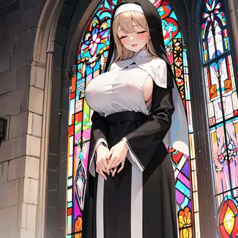 solo 1 praying num standing in church, praying with holding hands together, long (black sheer nuns robe:1.2), wearing nothing under (black nuns robe), (huge breasts:1.2), black (sheer long skirt), inconceivably thin waist, closing eyes, nose blush, open mo...