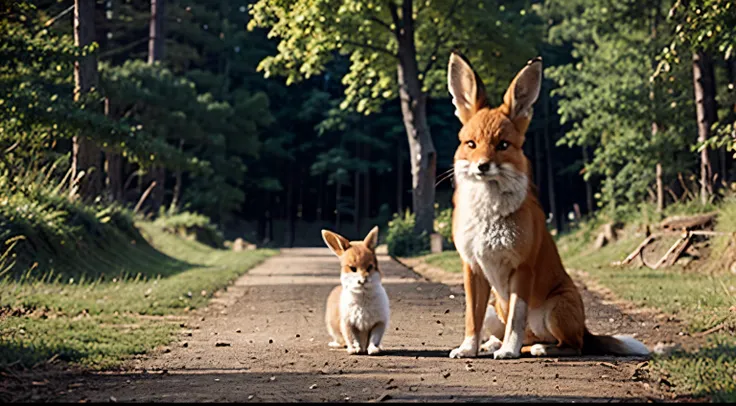 a fox，a rabbit，play in the forest