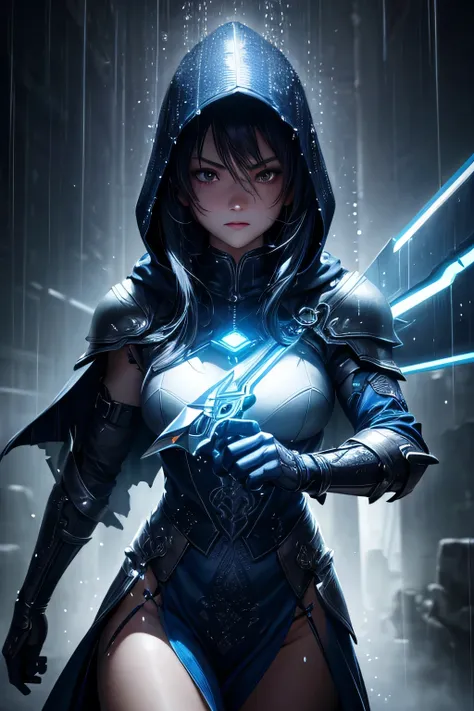 (Ultra detailed:1.3),(grainy:0.8), natural blue lighting, futuristic city, (raining:1.3), (dark:1.3), (fog:1.2), blue lights, neon lights, japanese girl, cape with hood, light logo, [cyberpunk clothing:torn fabric:0.35], blue lights, neon lights, menacing,...