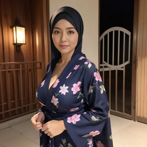 54 years Old, Hijab Indonesian mature woman, Ulta-Gigantic Tits, Tight Yukata, Slim body, Breast about To burst out, at doctor office, Dark light, at Nighttime