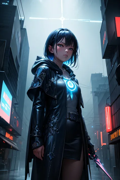 (Ultra detailed:1.3),(grainy:0.8), natural blue lighting, futuristic city, (raining:1.3), (dark:1.3), (fog:1.2), blue lights, neon lights, japanese girl, cape with hood, light logo, [cyberpunk clothing:torn fabric:0.35], blue lights, neon lights, menacing,...