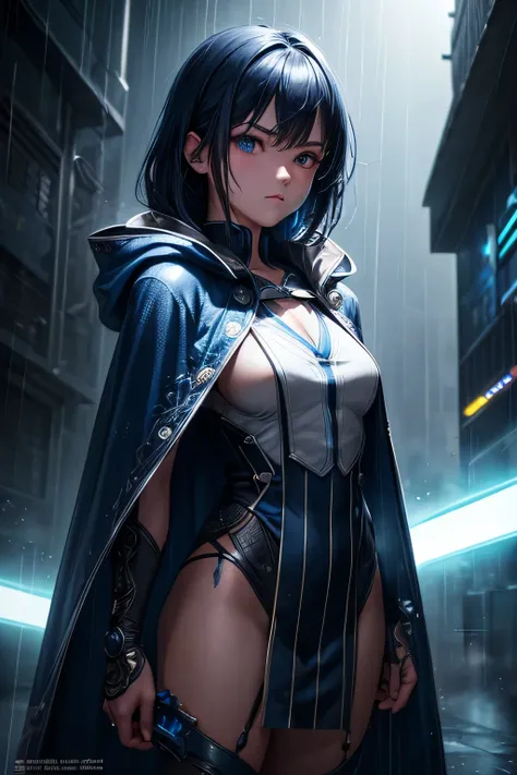 (Ultra detailed:1.3),(grainy:0.8), natural blue lighting, futuristic city, (raining:1.3), (dark:1.3), (fog:1.2), blue lights, neon lights, japanese girl, cape with hood, light logo, [cyberpunk clothing:torn fabric:0.35], blue lights, neon lights, menacing,...