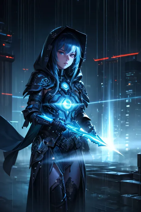 (Ultra detailed:1.3),(grainy:0.8), natural blue lighting, futuristic city, (raining:1.3), (dark:1.3), (fog:1.2), blue lights, neon lights, japanese girl, cape with hood, light logo, [cyberpunk clothing:torn fabric:0.35], blue lights, neon lights, menacing,...